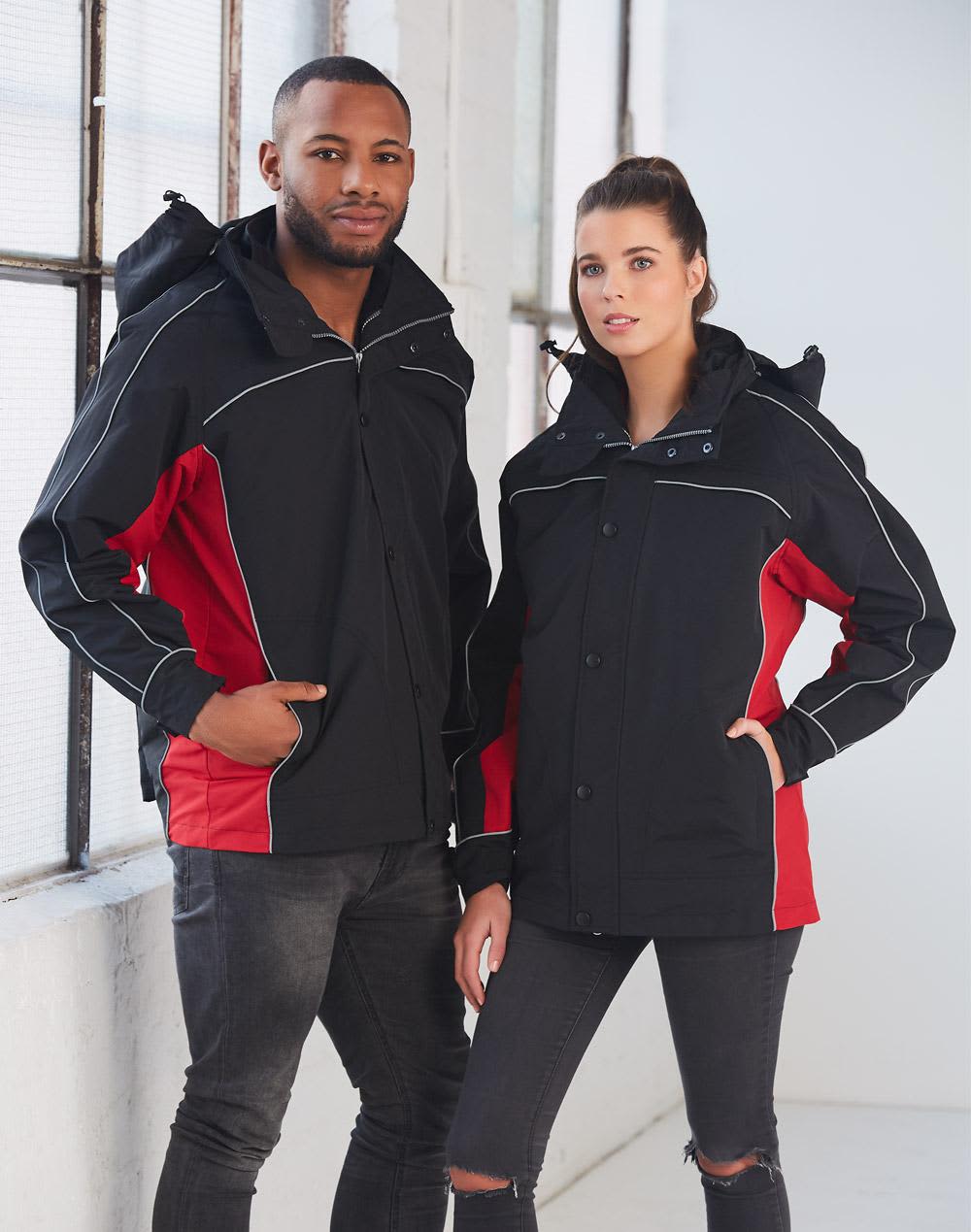 A black and red 3-in-1 jacket with a hood, worn by two models, featuring a branded logo. 3 in 1 Jacket, silver relective piping - Image 1