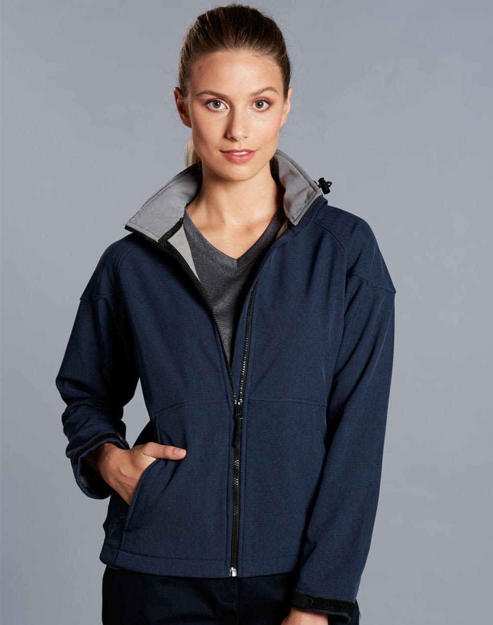 A navy ladies' softshell full zip hoodie featuring a grey inner lining and a zippered front. It has a logo on it. Ladies' Softshell Full Zip Hoodie - Image 1