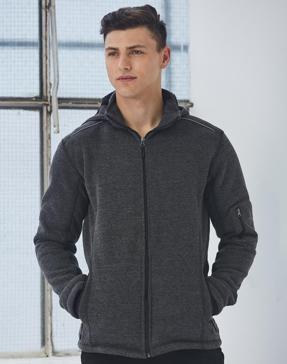 Men's heather bonded fleece jacket in dark grey, featuring a zip front and hood, with a logo on the sleeve. Men's Heather Bonded Fleece Jacket - Image 1