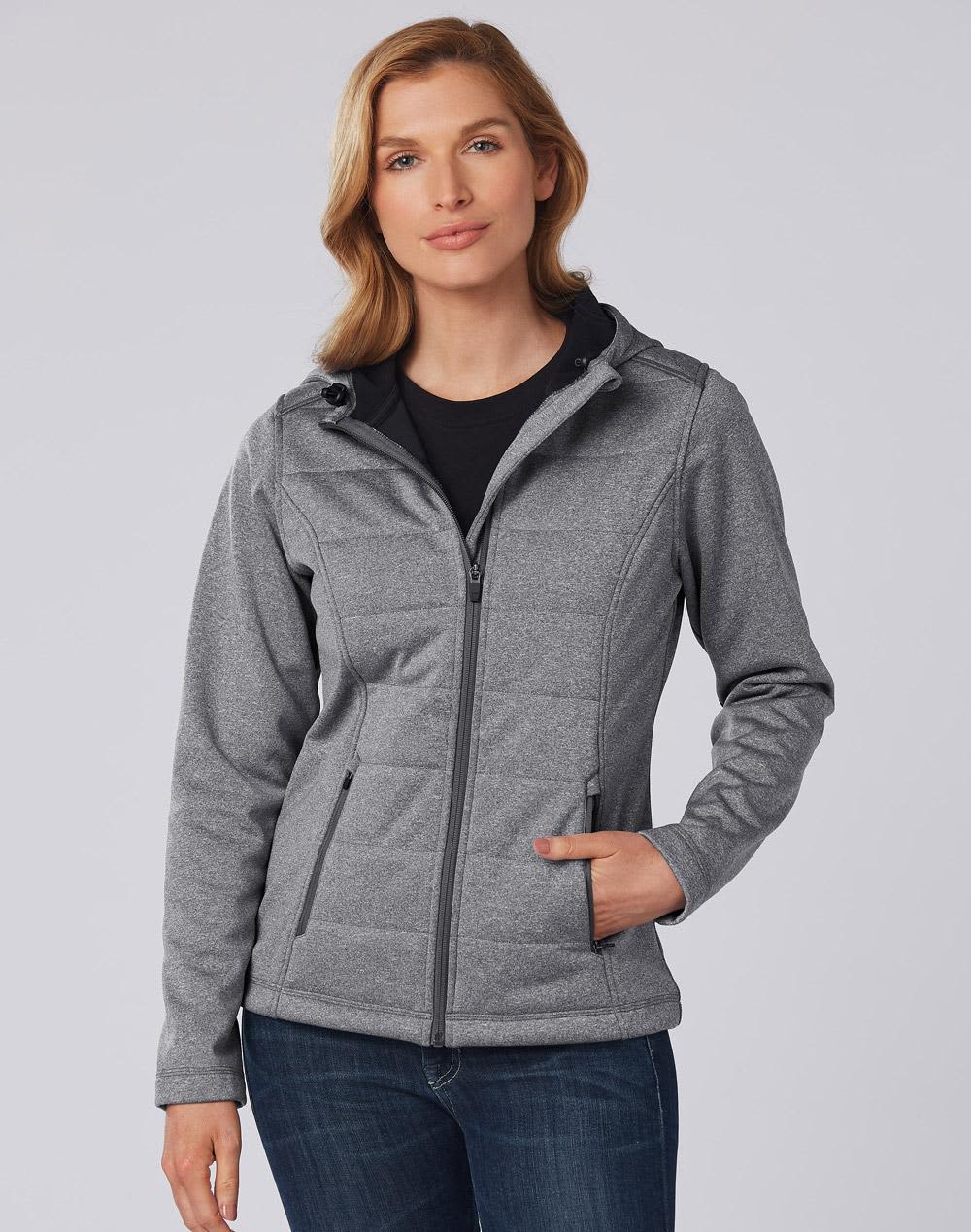 A quilted grey puffer jacket with a hood, featuring a zippered front and pockets, and includes a logo. Ladies' Cationic Quilted Jacket - Image 1