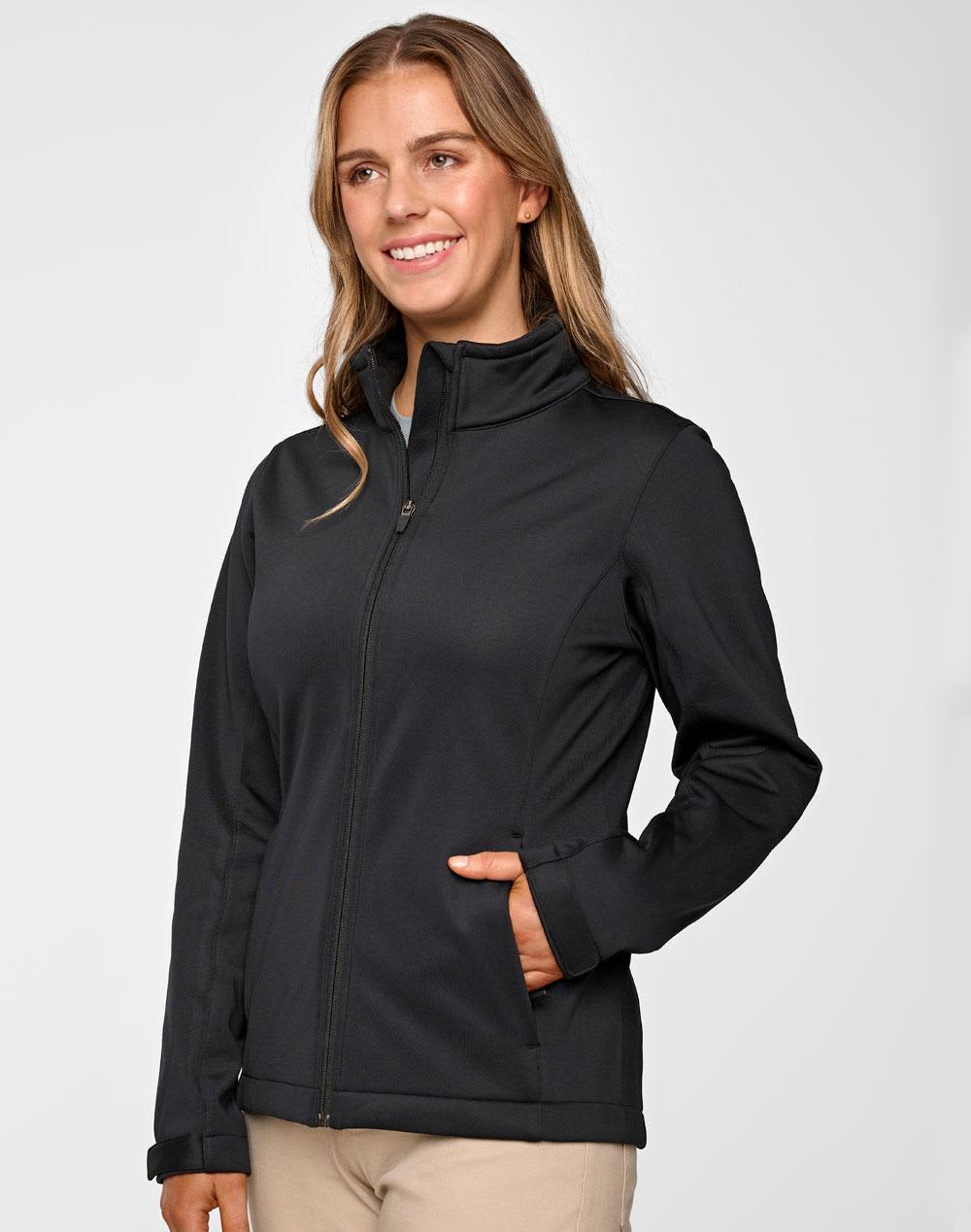 A black ladies' sustainable softshell corporate jacket with a zip front and side pockets, featuring a logo. Ladies' Sustainable Softshell Corporate Jacket - Image 1