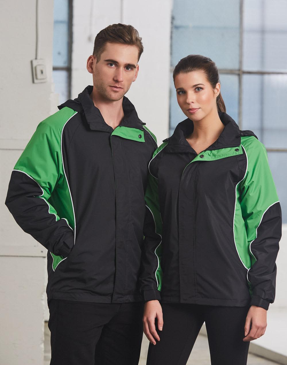 A unisex jacket in black with green accents, featuring a zip and a logo on the chest. Men's Contrast Jacket - Image 1