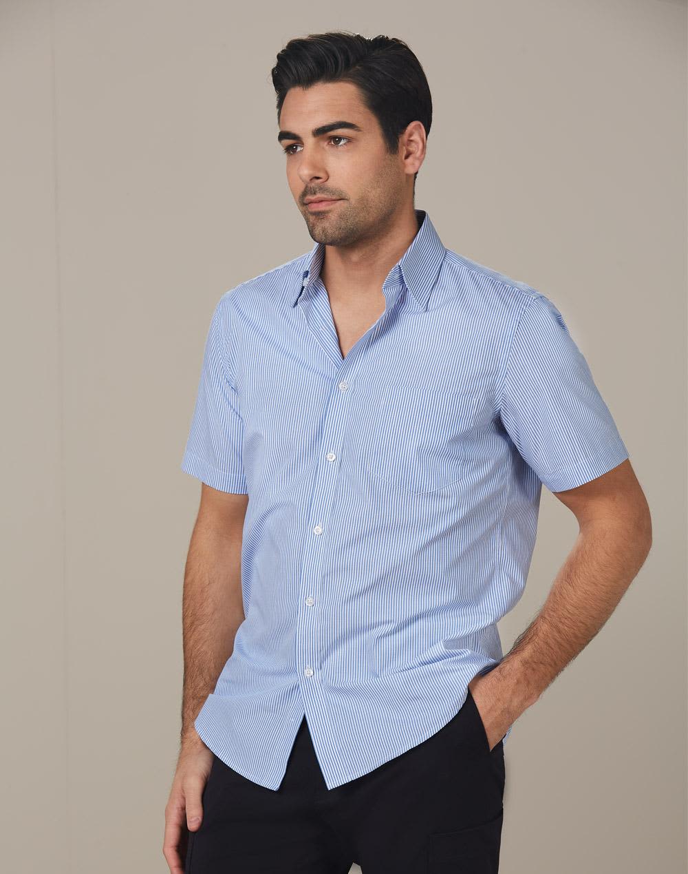 A short sleeve button-up shirt in blue with white stripes, featuring a logo on one side. Men's Balance Stripe Short Sleeve Shirt - Image 1