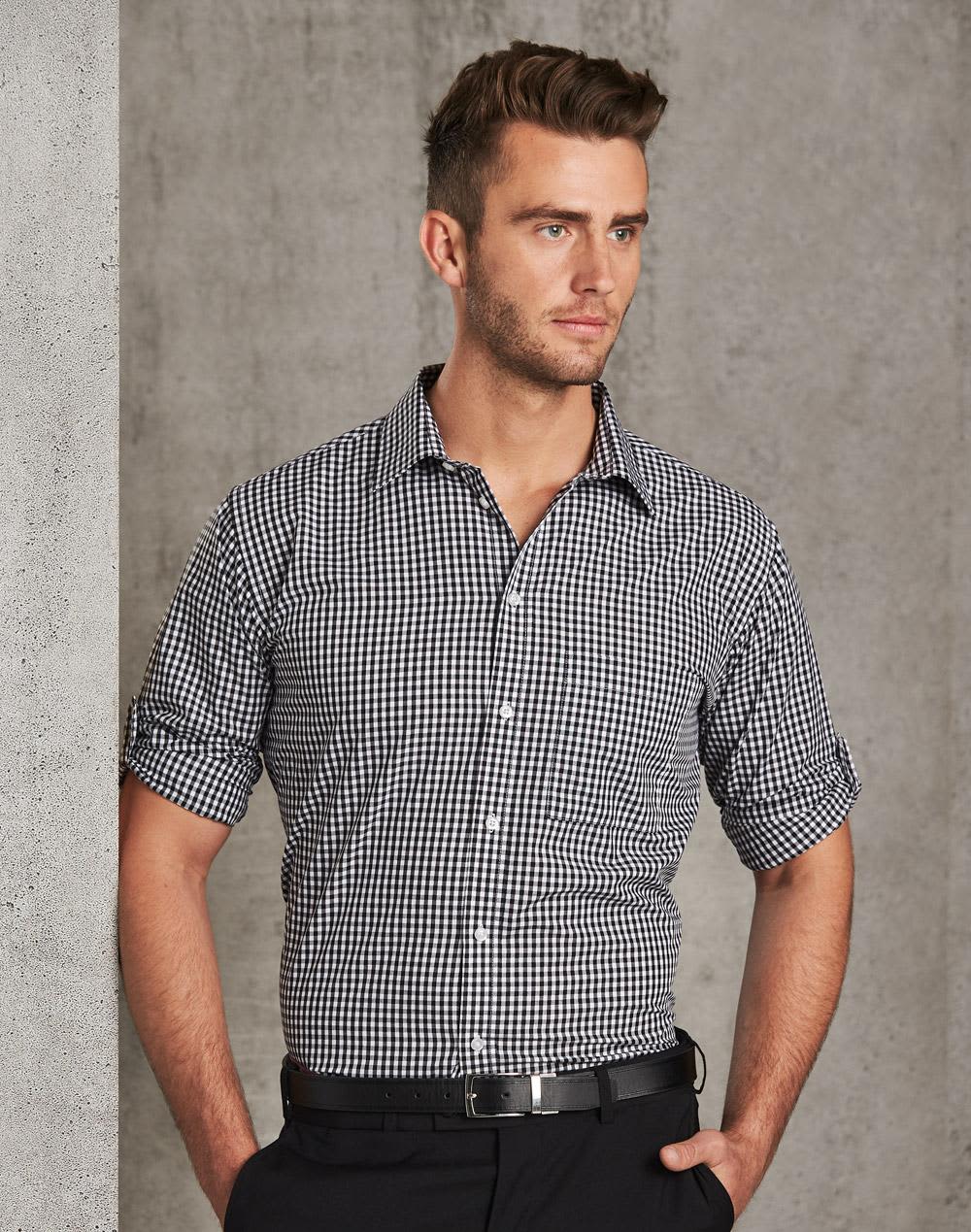 A men's black and white gingham check roll-up long sleeve shirt with a fitted design and a logo. Men's Gingham Check Roll-up L/S Shirt - Image 1