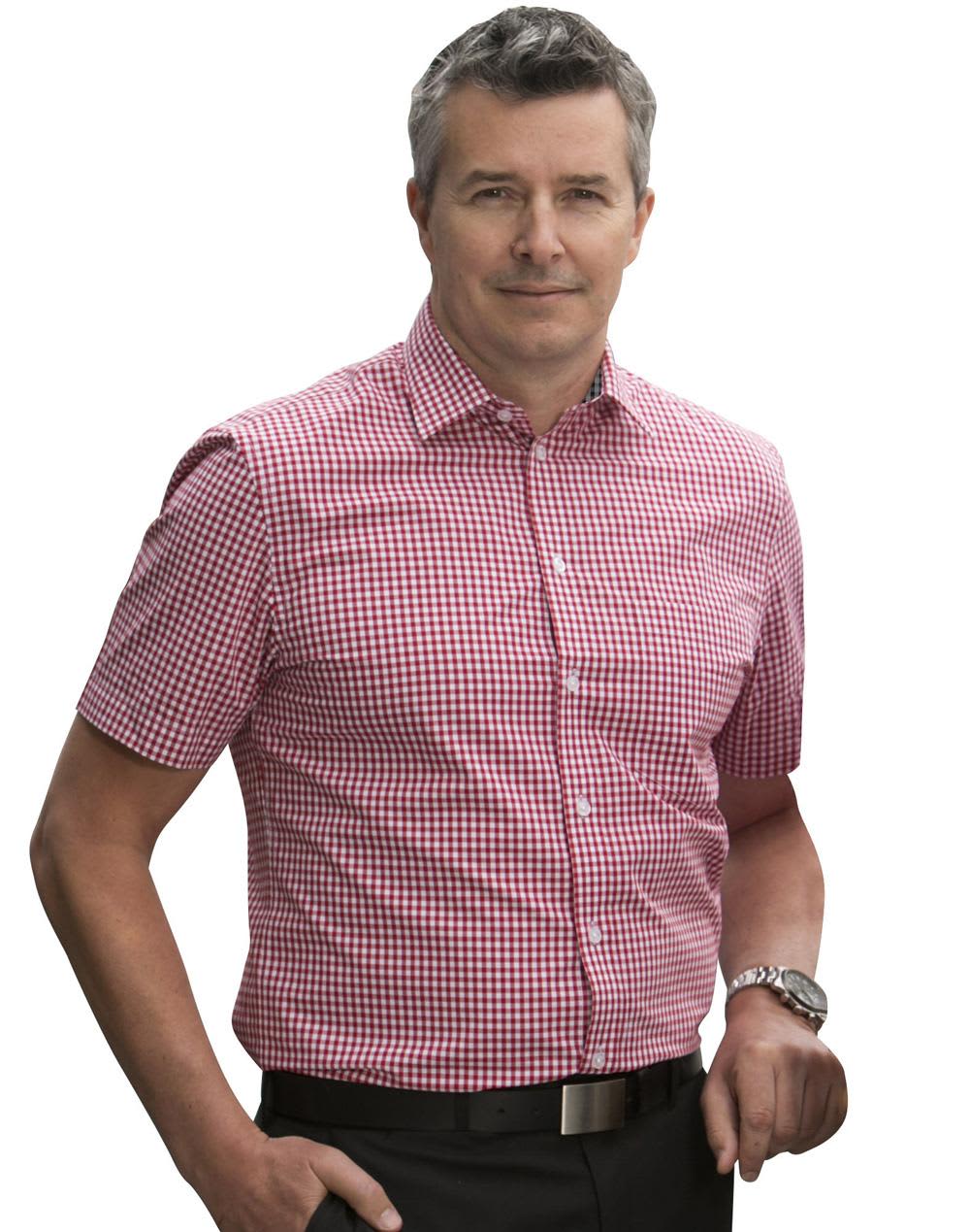 A short-sleeved men's button-up shirt in red and white gingham check, featuring a logo. Men's Gingham Check S/S Shirt - Image 1
