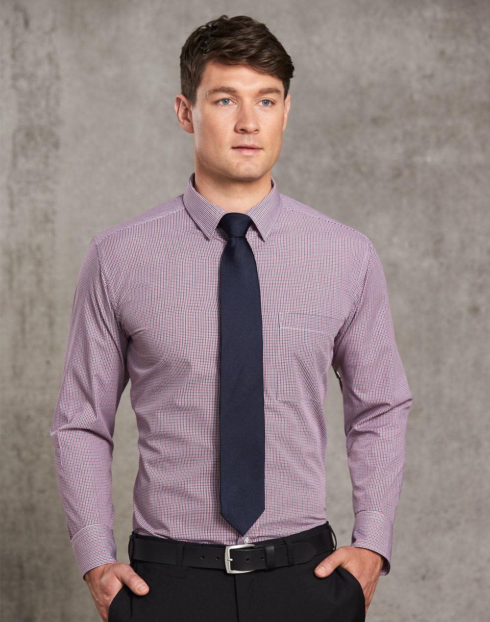 A men's two-tone mini check long sleeve shirt in purple and white, paired with a dark tie against a textured background. Men's Two Tone Mini Check L/S Shirt - Image 1