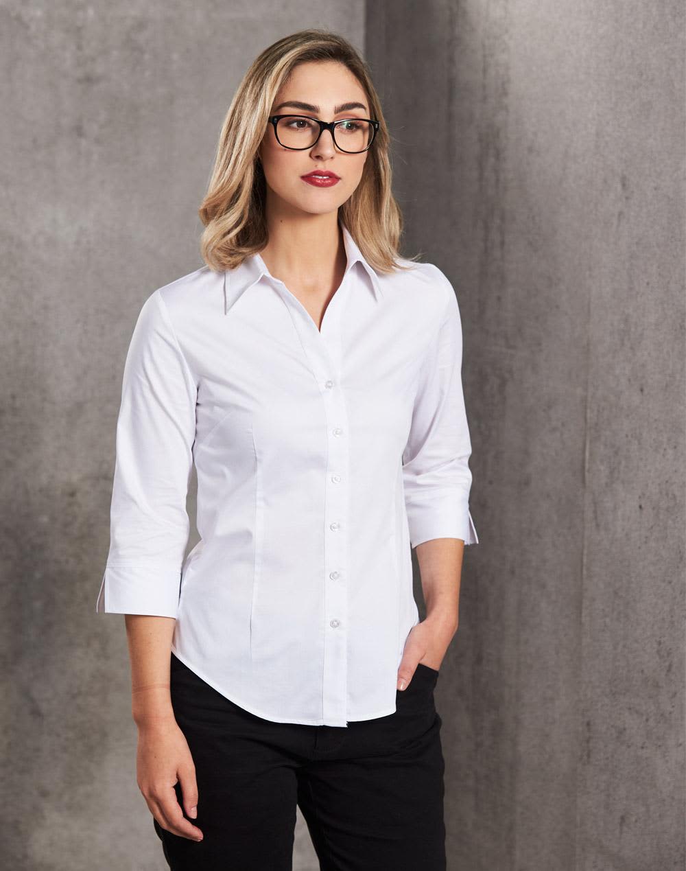 A white women's fine twill 3/4 sleeve button-up shirt, featuring a collar and fitted design. Women's Fine Twill 3/4 Sleeve Shirt - Image 1