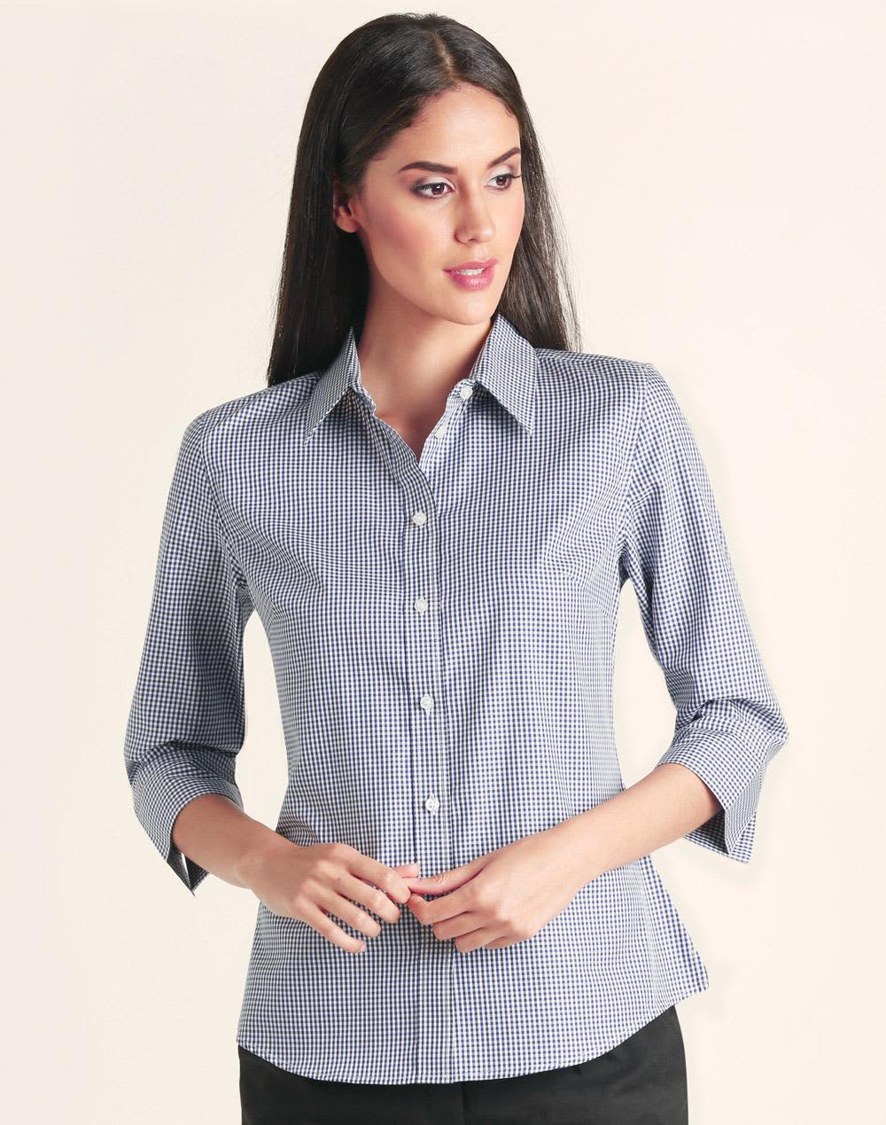 A women’s button-up shirt featuring a two-tone check pattern in navy and white, with 3/4 sleeves and a collar. Ladies' Two Tone Check 3/4 Sleeve Shirt - Image 1