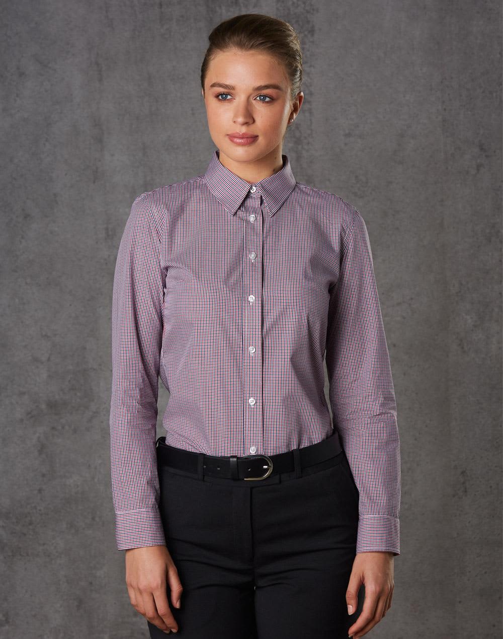 A long-sleeve, button-up shirt featuring a two-tone mini check pattern in purple and white. The shirt has a collar and a logo. Ladies' Two Tone Mini Check L/S Shirt - Image 1