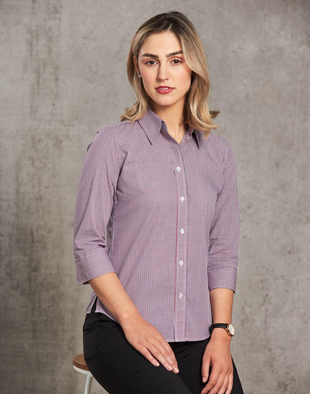 A women's button-up shirt in two-tone mini check pattern, featuring 3/4 sleeves and a collar. Ladies' Two Tone Mini Check 3/4 Sleeve Shirt - Image 1