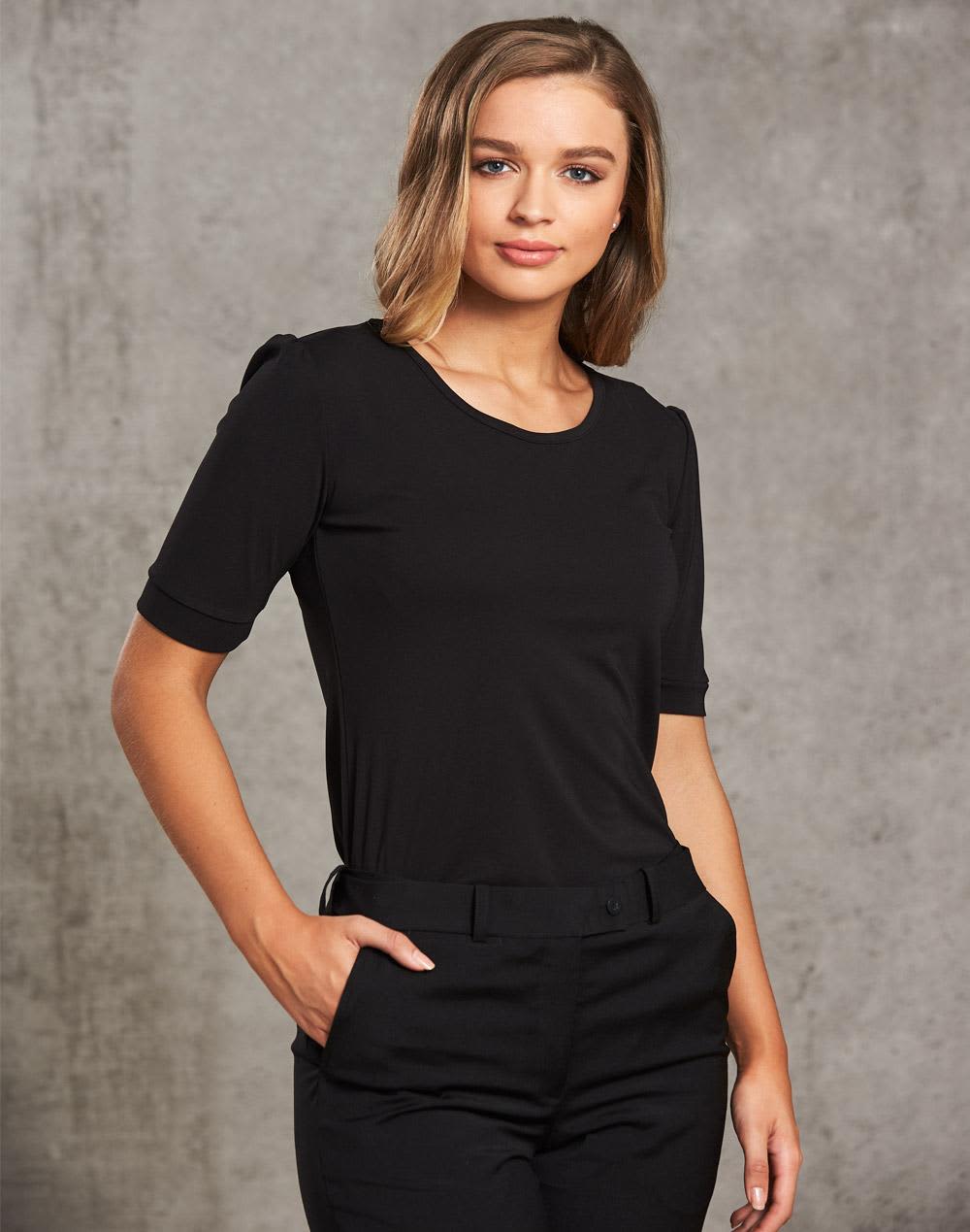 A black Women's Scoop Neck T-Top with short sleeves, featuring a fitted design and subtle puffed sleeves. Women's Scoop Neck T-Top - Image 1