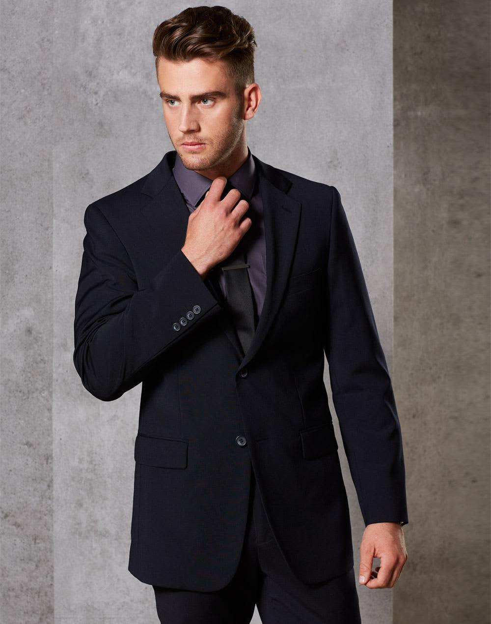 A tailored men's jacket in dark navy wool stretch, featuring two buttons and a sleek silhouette. Men's Two Buttons Jacket in Wool Stretch - Image 1