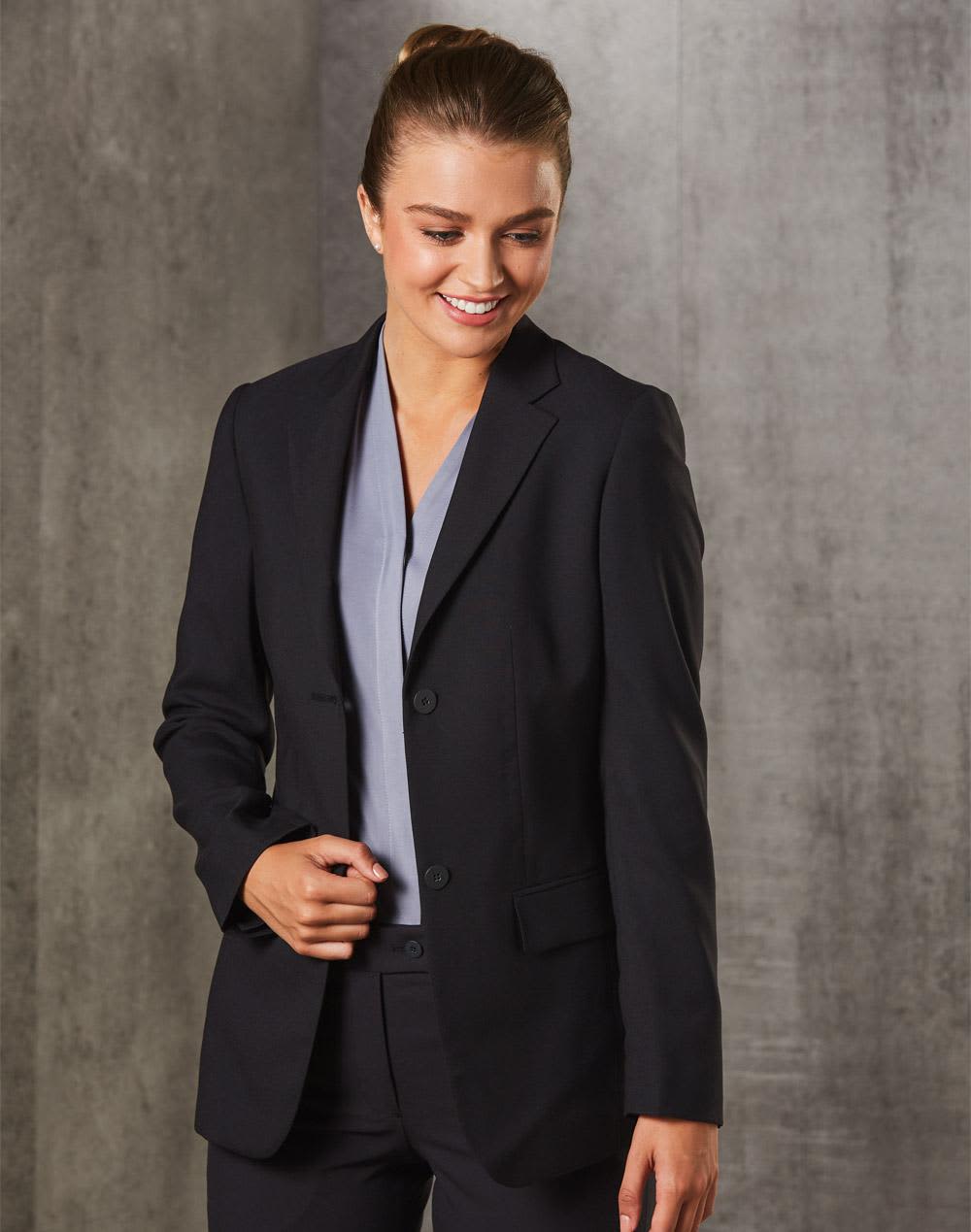 A women's mid-length jacket in black poly/viscose stretch with two buttons, featuring a tailored fit and a logo. Women's Two Buttons Mid Length Jacket in Poly/Viscose Stretch - Image 1