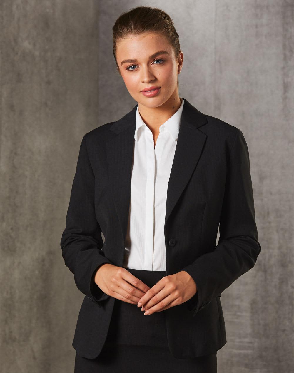 A women's one-button cropped jacket in black poly/viscose stretch stripe, featuring a sleek design and tailored fit. Women's One Button Cropped Jacket in Poly/Viscose Stretch Stripe - Image 1
