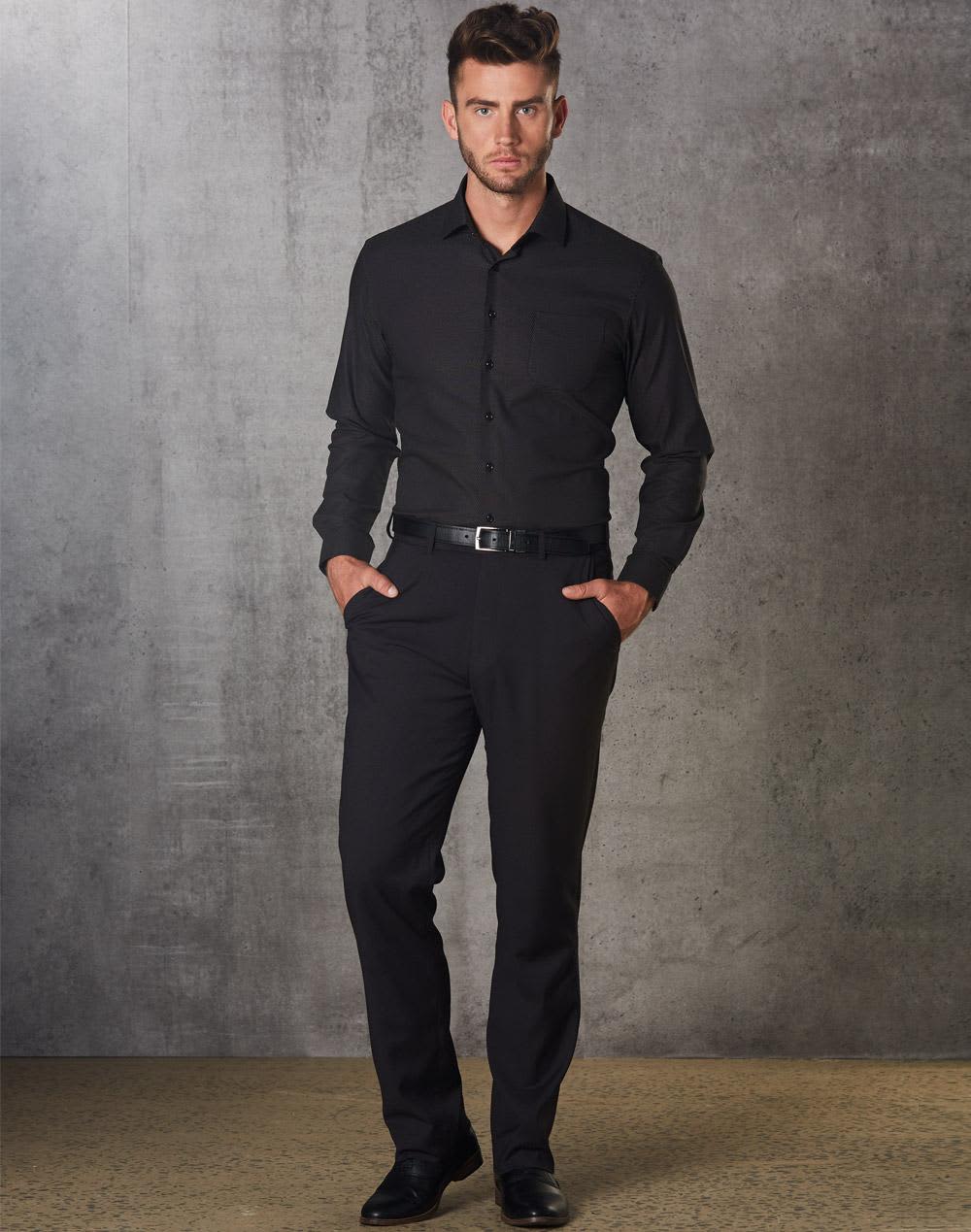 Men's black polyviscose stretch pants, styled with a matching shirt and belt, set against a textured grey background. Men's Polyviscose Stretch Pants - Image 1