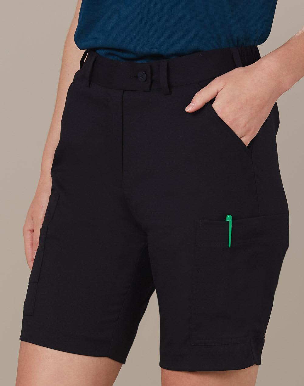 Ladies' utility cargo shorts in black, featuring pockets and a fitted waist. Includes branding details. Ladies' Utility Cargo Shorts - Image 1