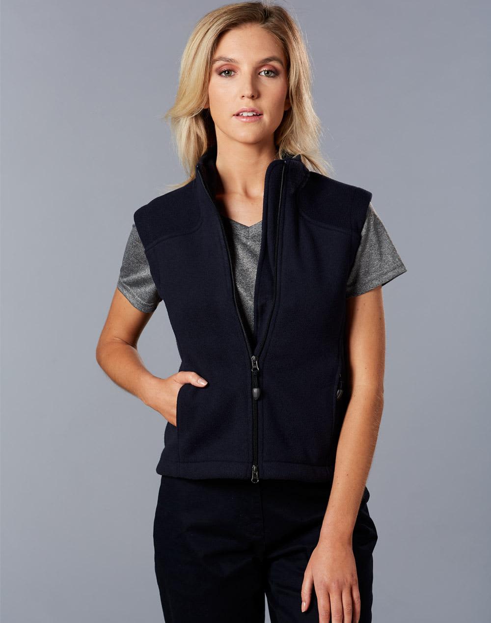 A ladies' bonded polar fleece vest in navy blue, featuring a zip front and a logo on the chest. Ladies' bonded polar fleece vest - Image 1