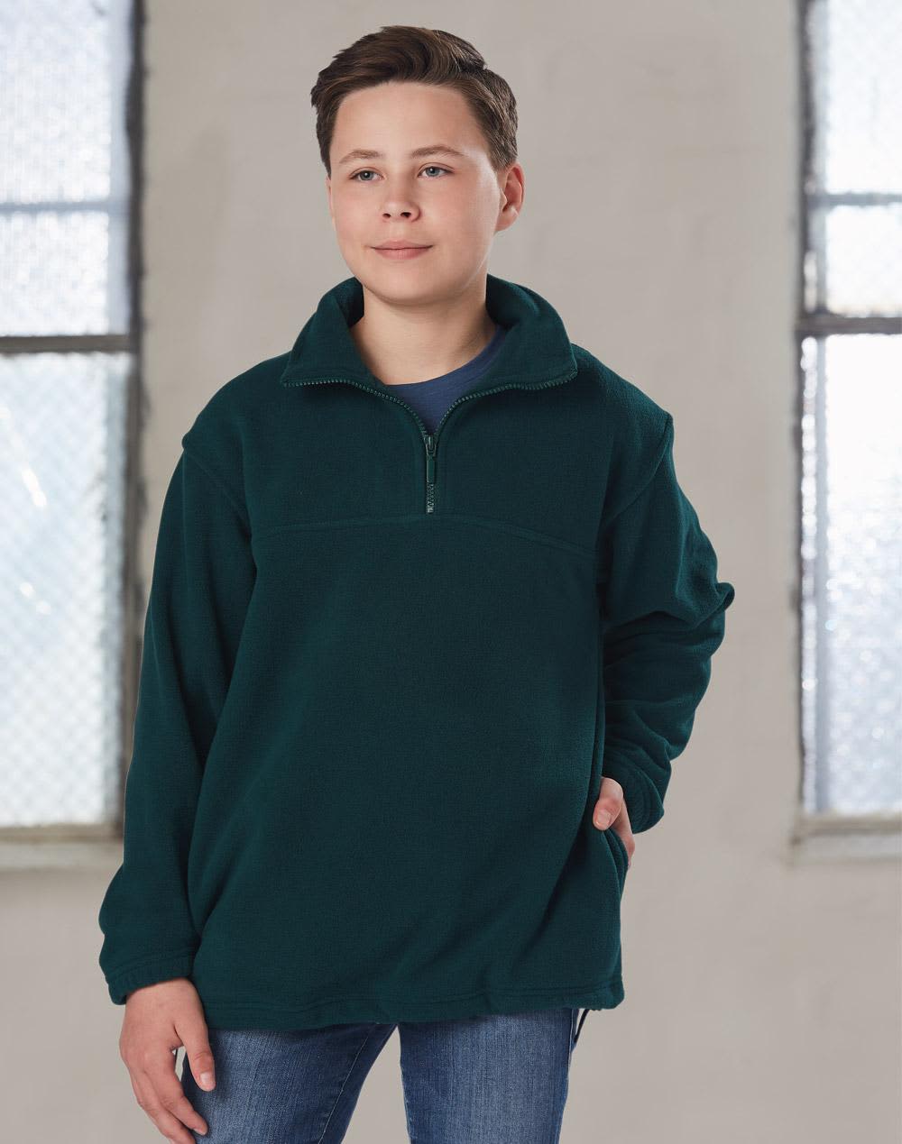 A dark green polar fleece pullover for kids, featuring a quarter zip and a front pocket. Kids' half zip polar fleecy pullover - Image 1