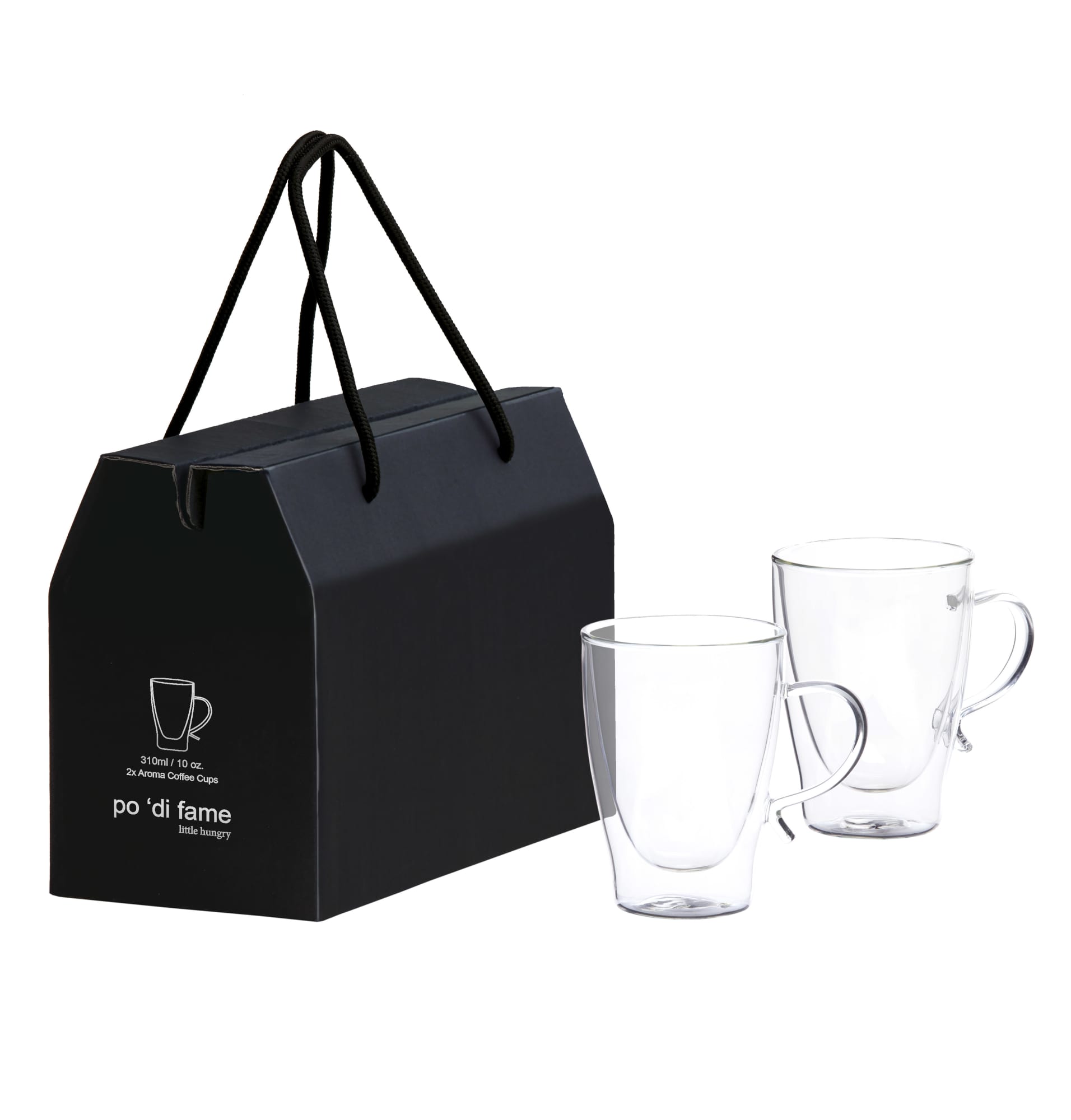 A set of two clear glass coffee cups packaged in a black gift box with a handle. Aroma Glass Coffee Cup Set - Image 1