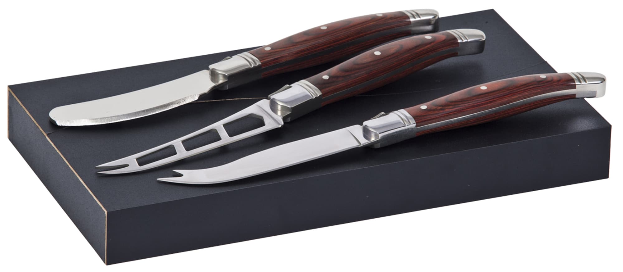 A set of three cheese knives with polished stainless steel blades and wooden handles, presented in a black box. Bordeaux Cheese Knife 3 pcs Set - Image 1