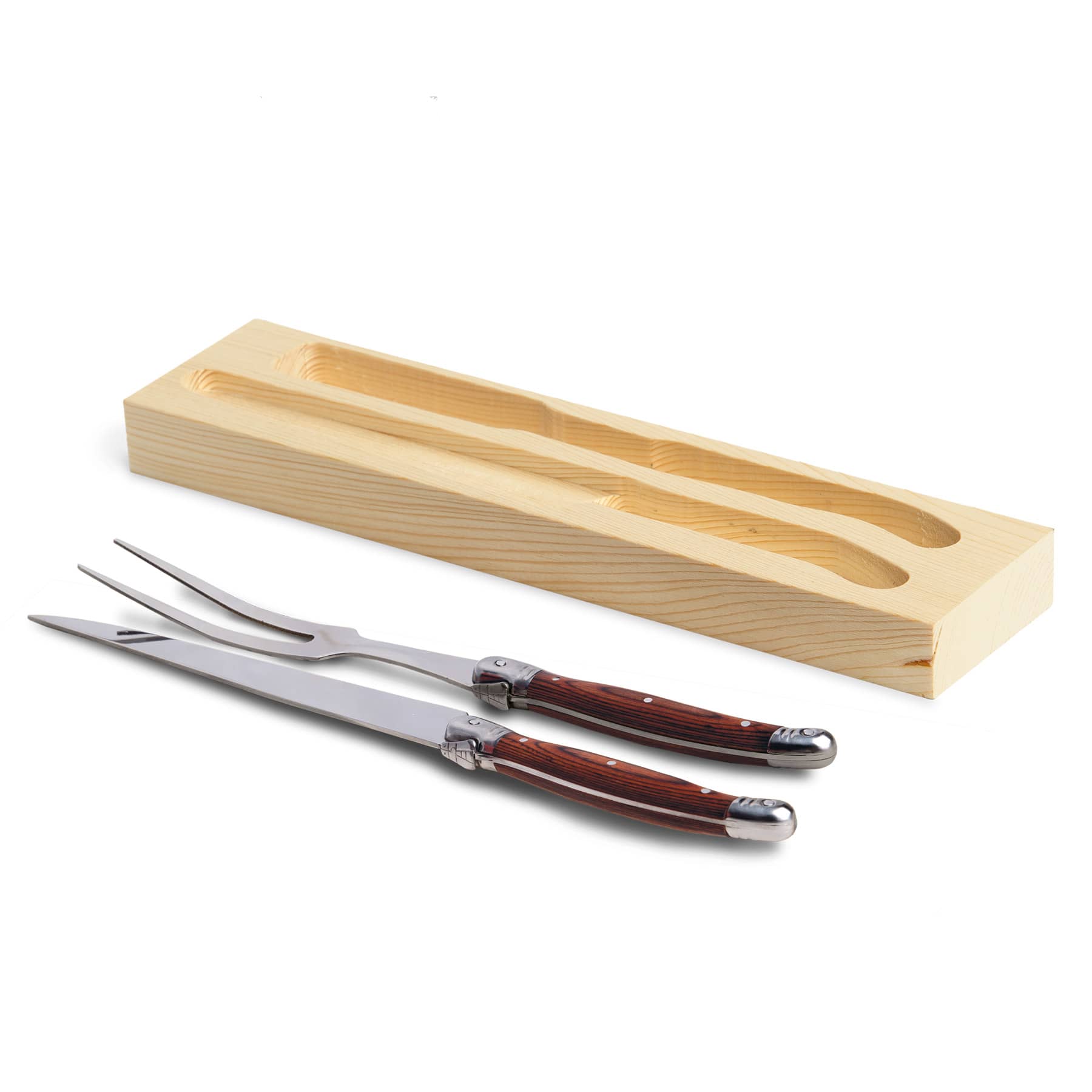 A Bordeaux carving set featuring stainless steel utensils with rich wooden handles, presented in a wooden storage box. Bordeaux Carving Set - Image 1