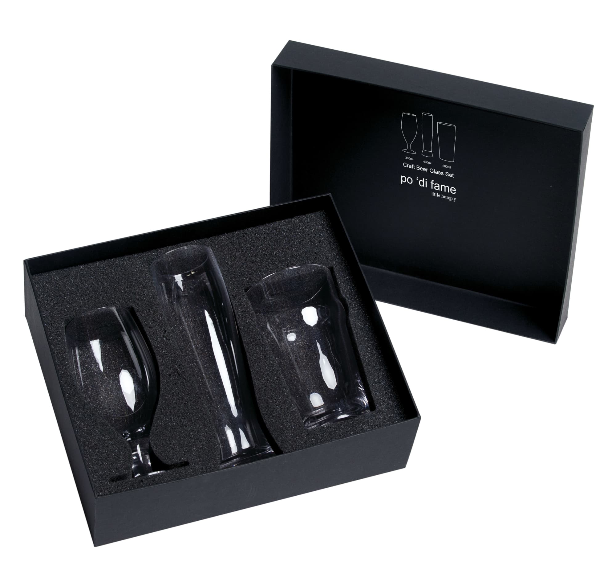 A black box containing three craft beer glasses in various shapes, resting on a soft black insert. Craft Beer Glass Set - Image 1