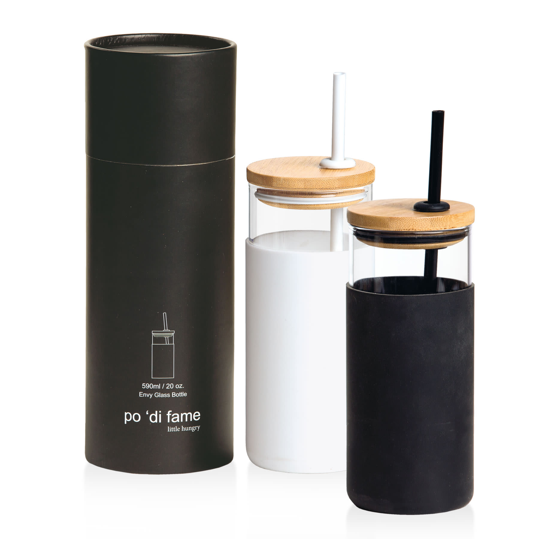 A drink bottle set including a black and a white glass bottle with wooden lids, packaged in a tall black container. Envy Glass Bottle - Image 1
