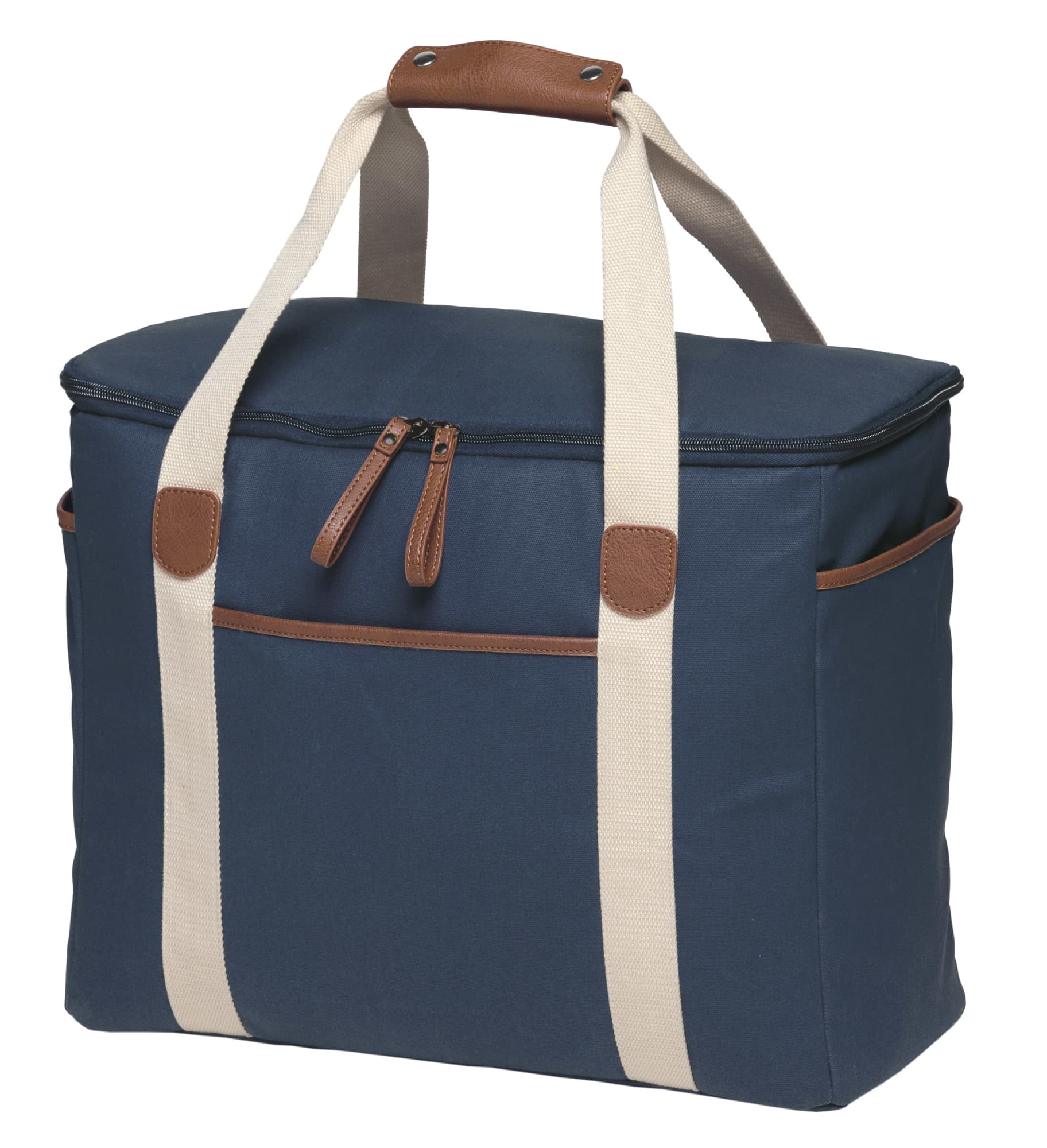 A navy cooler bag with tan accents and a zippered compartment, featuring two sturdy handles. Hamptons Cooler - Image 1