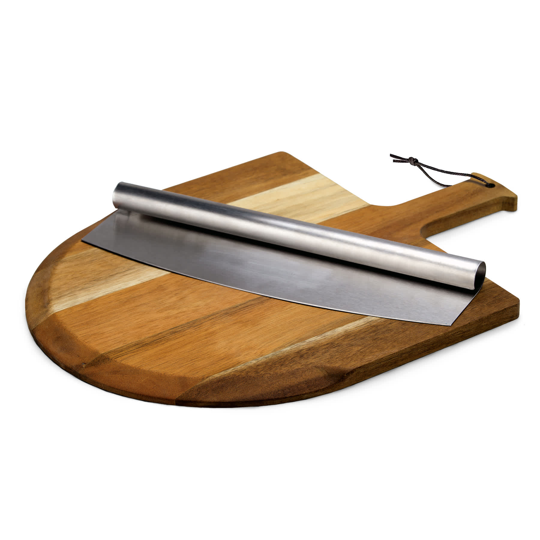 A wooden pizza peel with a stainless steel cutting blade, featuring a leather hanging strap. Pizza Peel Set - Image 1