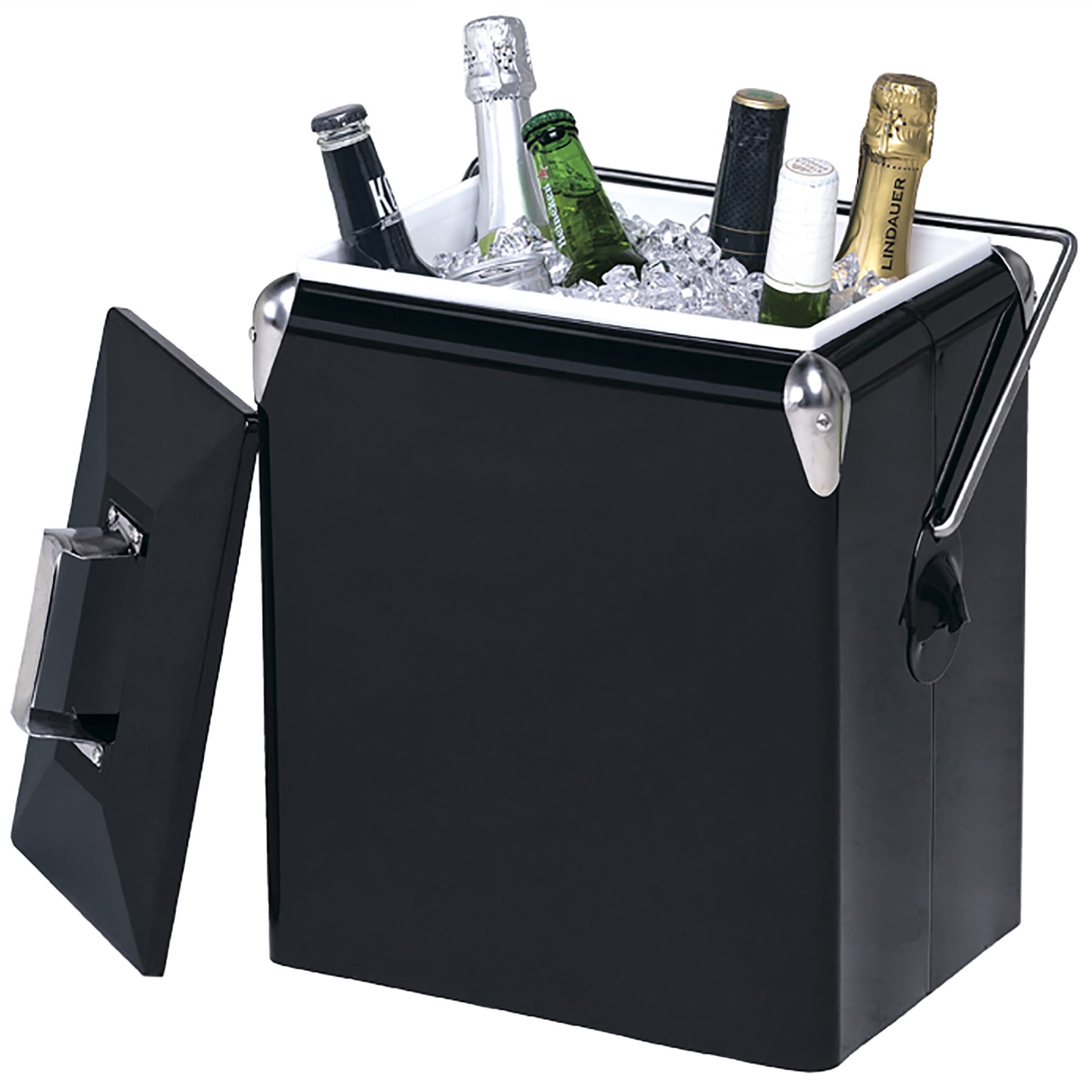 A drink bottle cooler in sleek black, filled with various bottles and ice, featuring a shiny handle and lid. Retro Cooler Box - Image 1