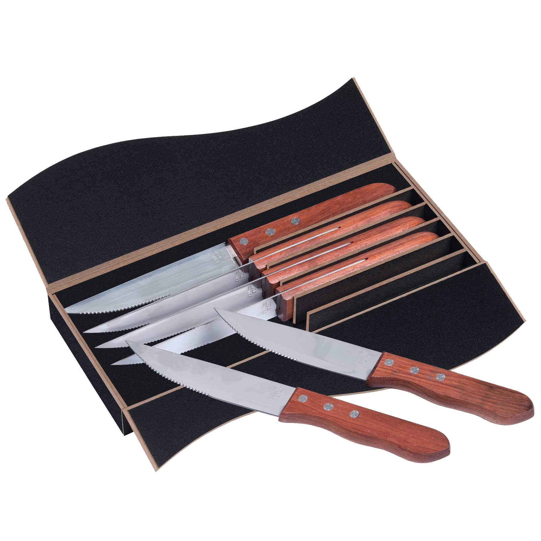 A steak knife set featuring six stainless steel knives with wooden handles, housed in a black and brown box. Steak Knife 6 pcs Set - Image 1