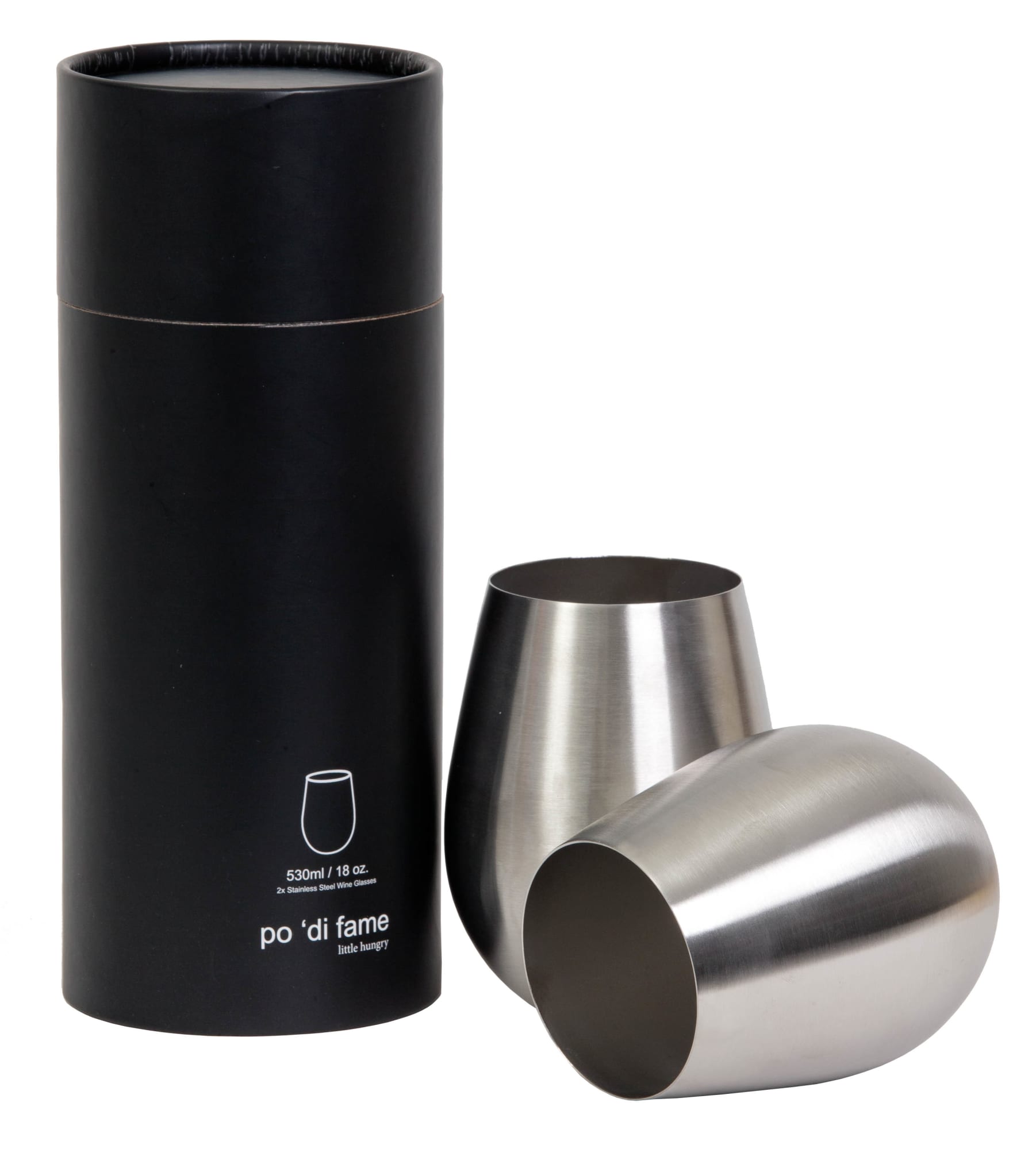 A set of two stemless stainless steel wine glasses in a cylindrical black box. The glasses have a sleek metallic finish. Stemless Stainless Steel Wine Glass Set - Image 1