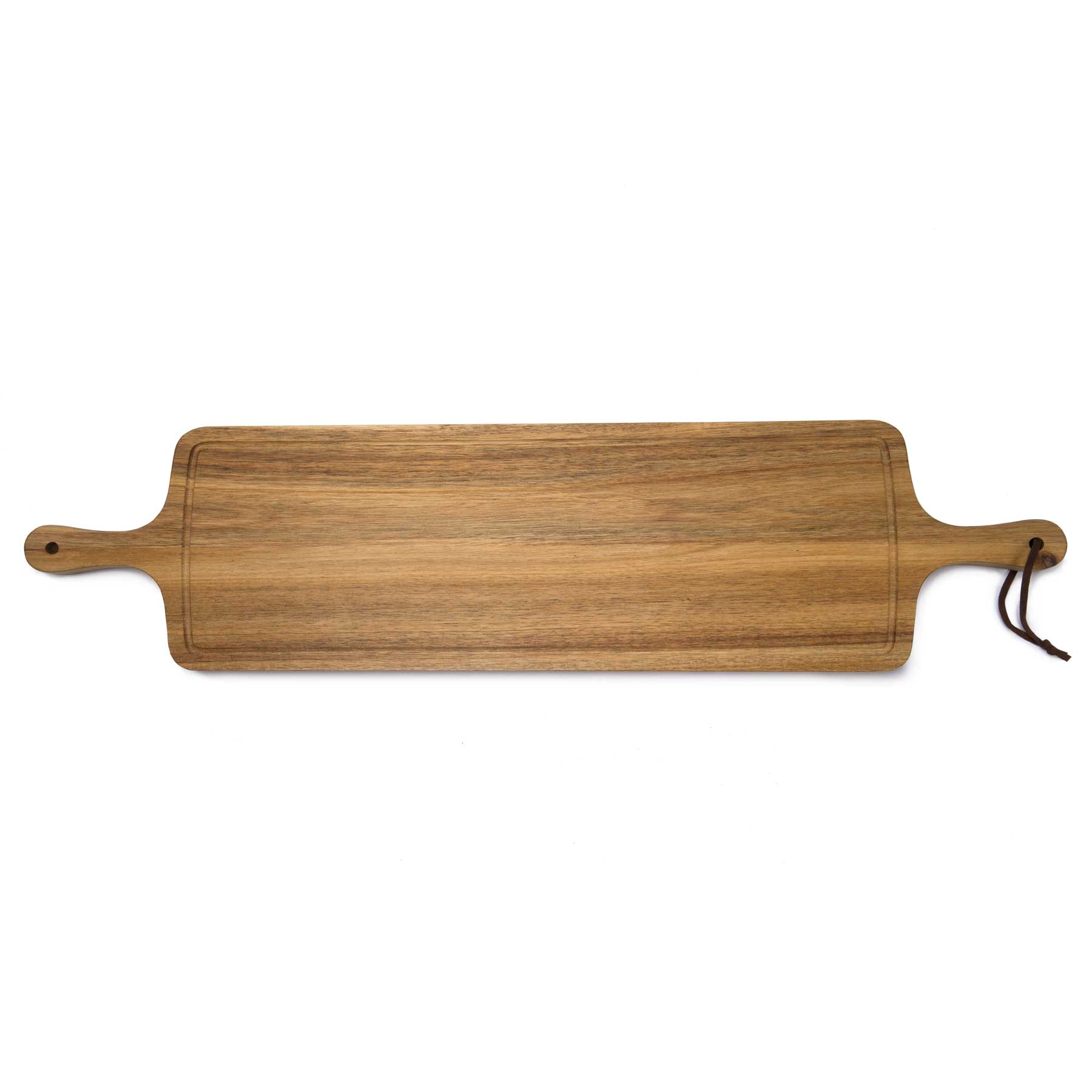 A wooden tapas serving board in a light brown finish, featuring handles and a hanging loop. Tapas Serving Board - Image 1