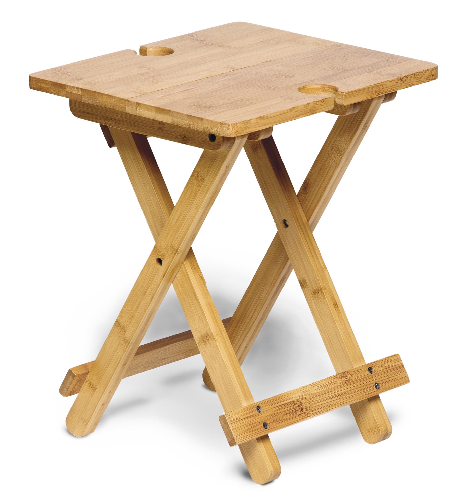 A bamboo table with a square top and two cup holders, featuring a foldable, cross-legged design. Tavolo Table - Image 1