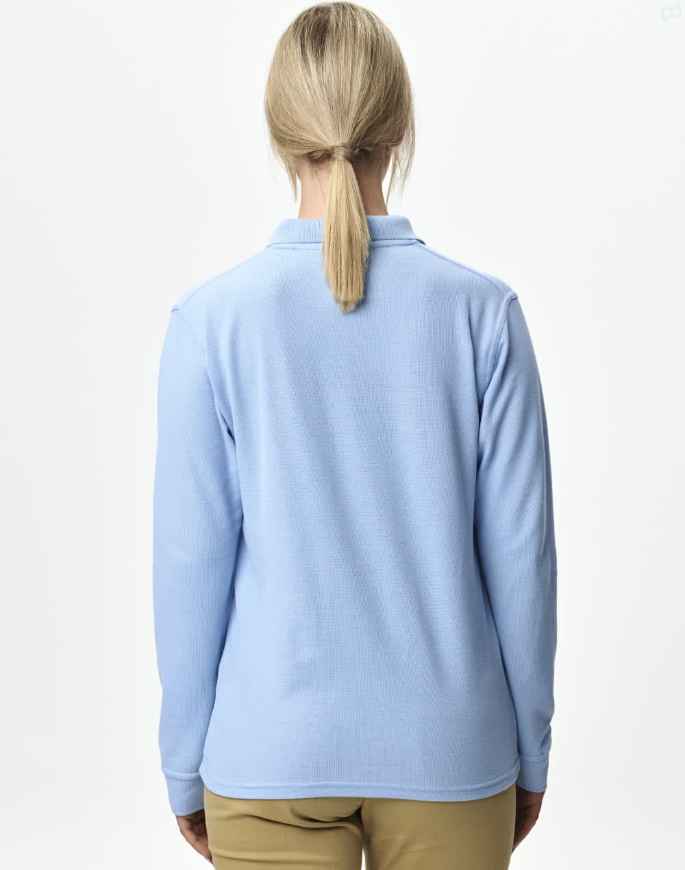 A light blue unisex long sleeve polo shirt featuring a collar and a logo on the back. Adults' 240gsm Poly/Cotton Pique L/S Polo - Image 1