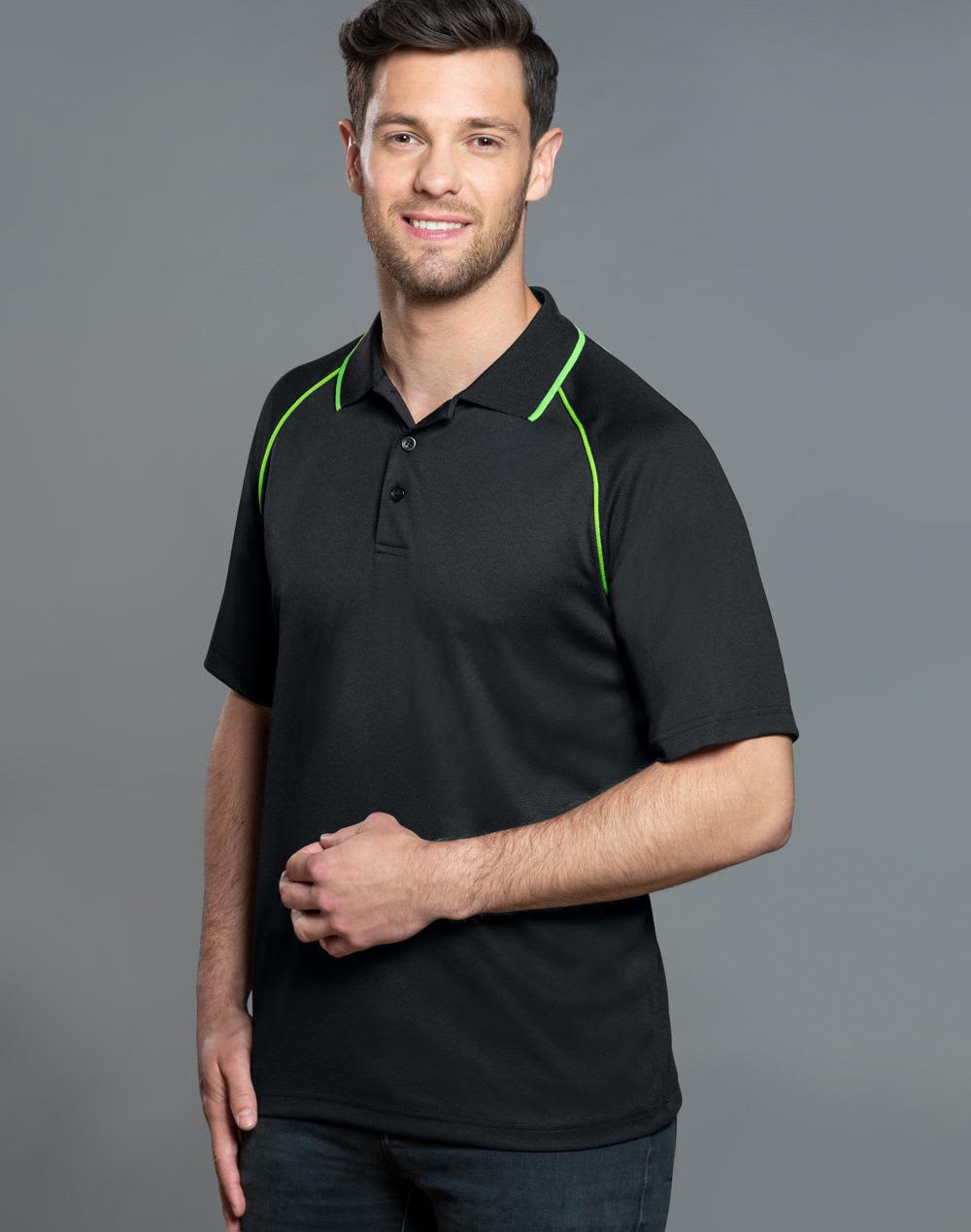A black men's polo shirt with green accents and a logo on the chest, featuring a collared design and short sleeves. mens cooldry raglan S/S polo - Image 1
