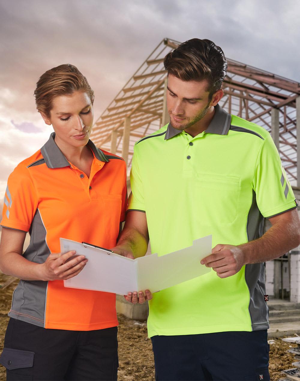 Two individuals wear the AIWX Vented Cooldry Polo shirts in bright orange and high-visibility yellow, with grey accents. AIWX Vented Cooldry Polo - Image 1