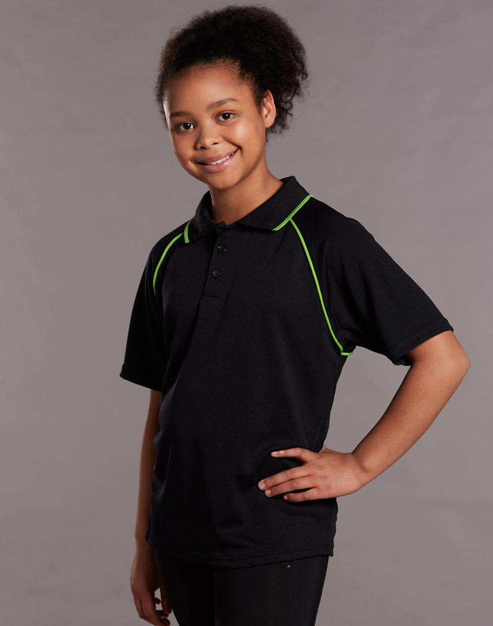 A black polo shirt with green piping, featuring a logo. Suitable for kids, designed for comfort and style. Kid's Cooldry raglan S/S - Image 1
