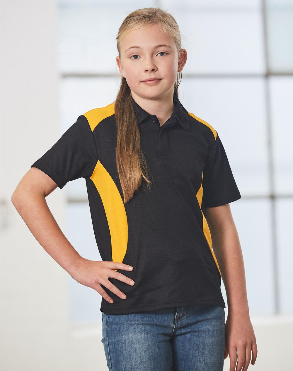 A black and yellow polo shirt featuring a branding logo, worn by a girl with long hair and standing confidently. Chidren's Truedry contrast polo - Image 1