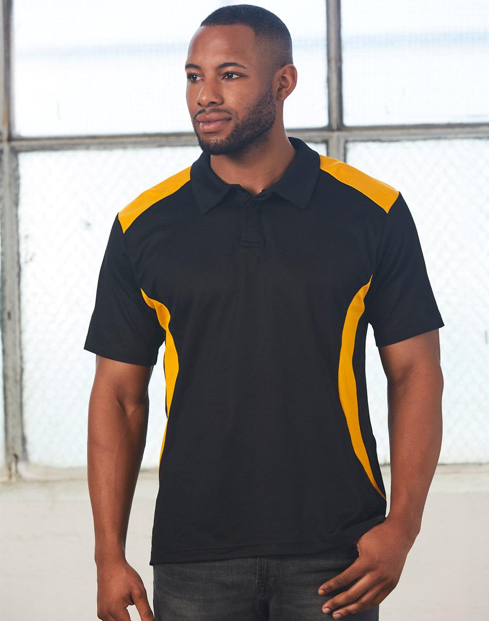 A black polo shirt with yellow accent panels, featuring a collar and short sleeves. It has a logo. Men's Truedry contrast polo - Image 1