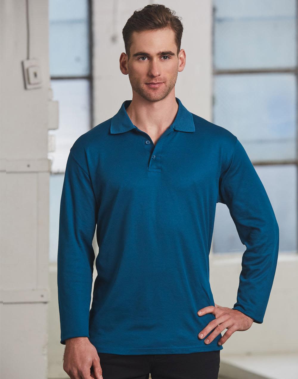 A long sleeve polo shirt in a rich teal colour, featuring a collar and a logo. Men's Cotton Back Truedry L/S Polo - Image 1