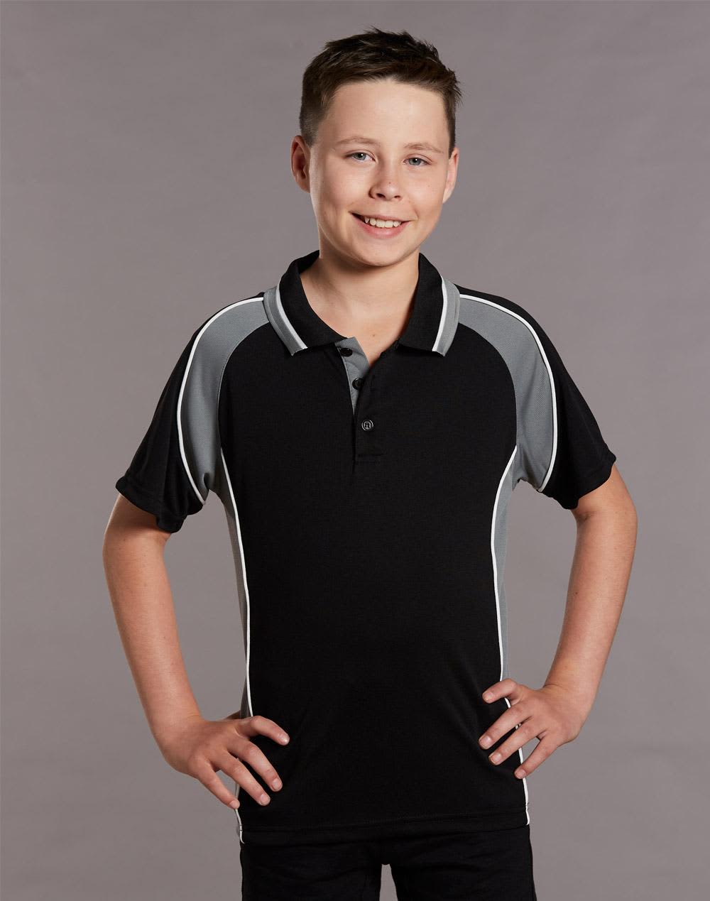 A black kids' polo shirt with grey accents and a logo, featuring a short collar and short sleeves. Kids' mini waffle CoolDry Polo - Image 1