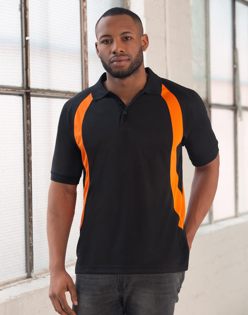 A black polo shirt featuring orange side accents, designed for men, with a logo on the chest. Mens CoolDry Soft Mesh Polo - Image 1