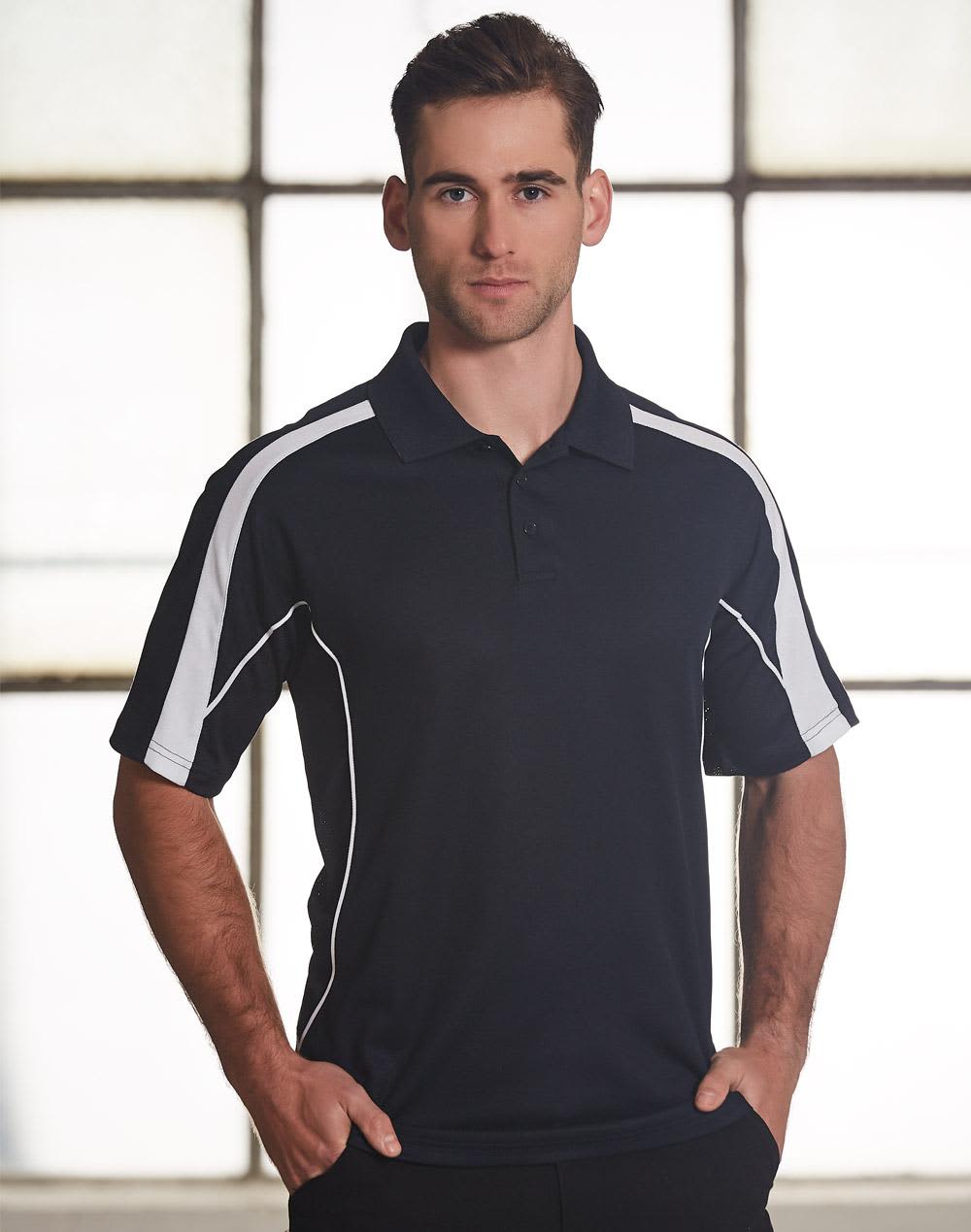 A men's black polo shirt with white side stripes and a logo on the chest. Mens S/S polo truedry - Image 1
