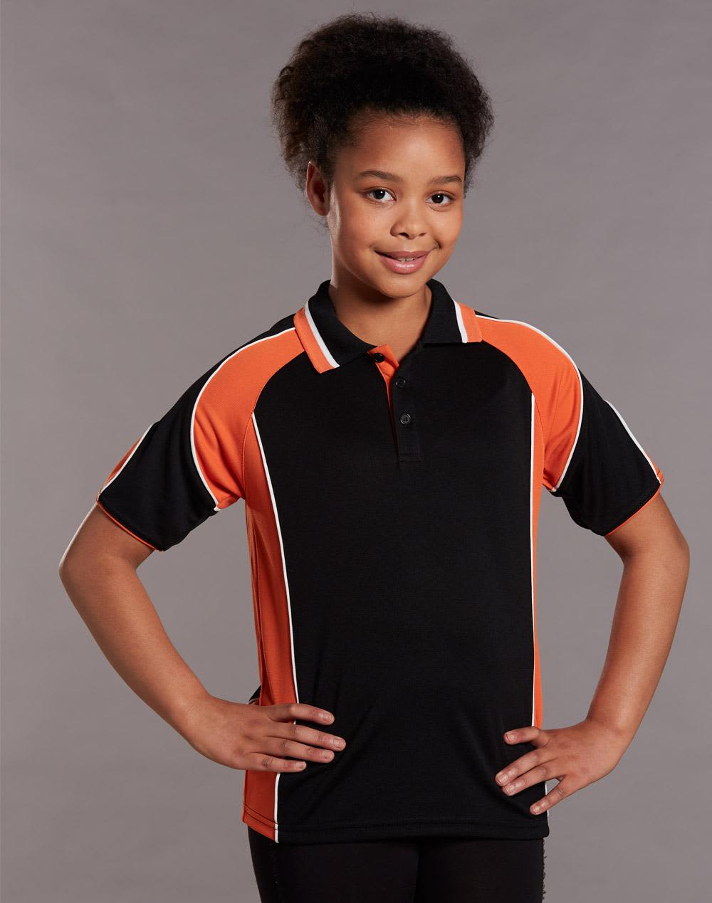 A black and orange polo shirt with a logo, featuring contrasting stripes on the sides and a buttoned collar. Kid's Cooldry Contrast Polo With Sleeve Panel - Image 1