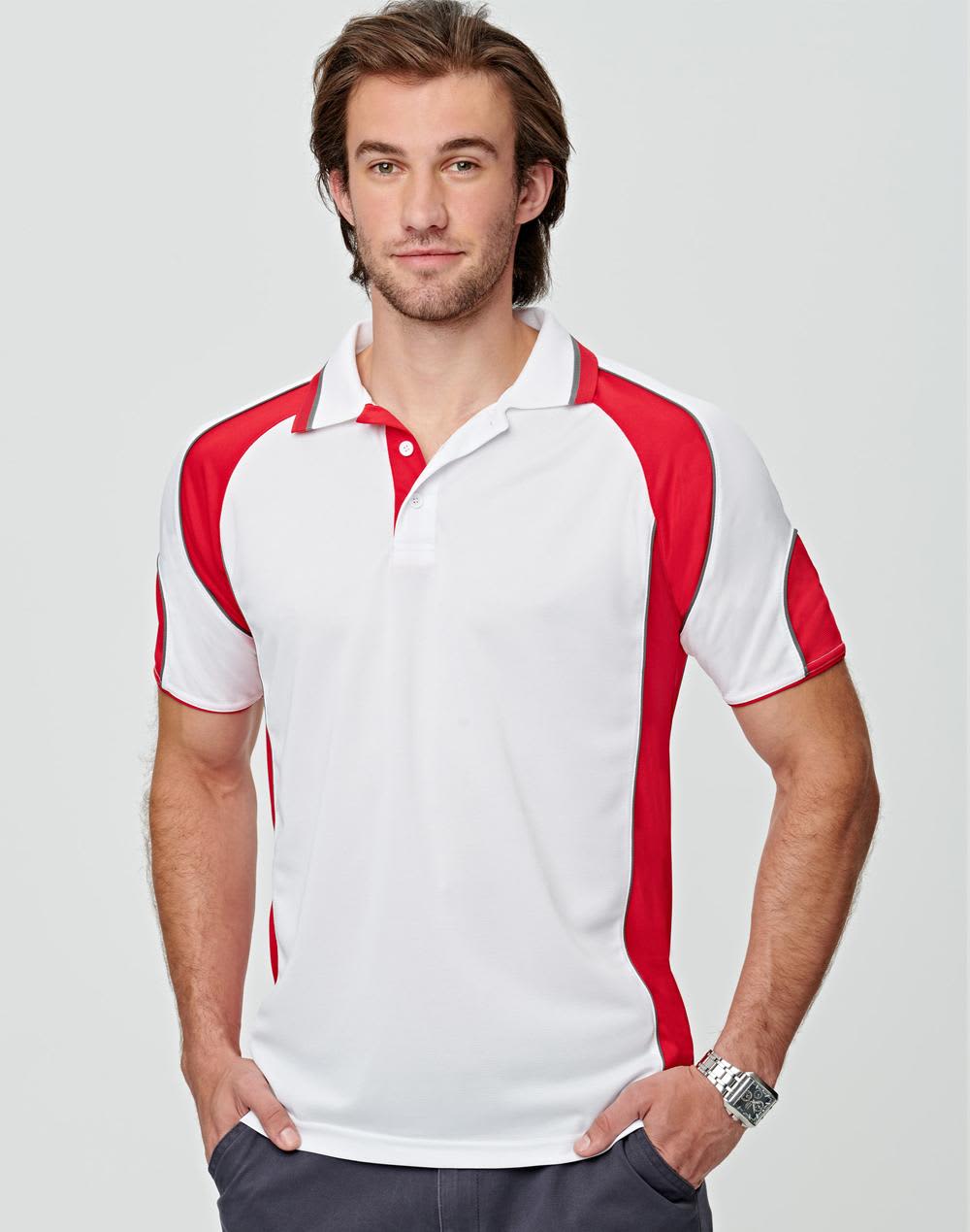 A men's polo shirt in white with red accents, featuring a collar and logo branding. Men's Cooldry Contrast Polo With Sleeve Panel - Image 1