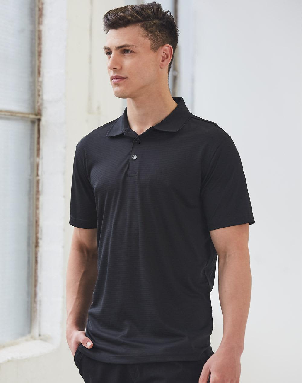 A black textured polo shirt featuring a collar and short sleeves, along with a logo on the chest. Men's Cooldry Textured Polo - Image 1
