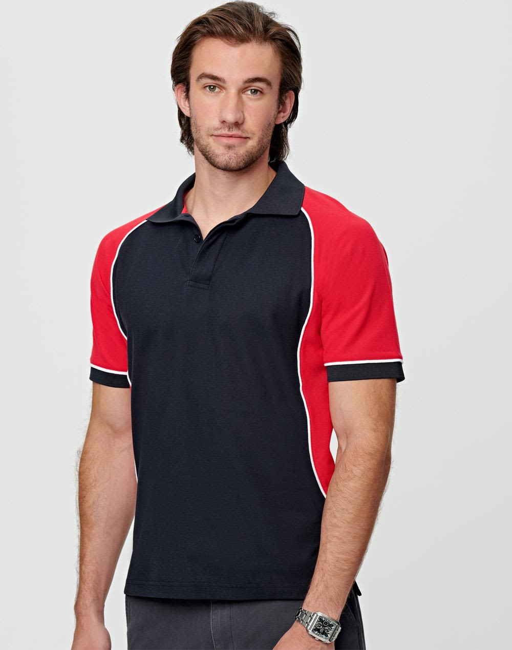 Men's TrueDry tri-colour short-sleeve polo shirt in black, red, and white with a logo. Men's TrueDry Tri-colour S/S Pique Polo - Image 1