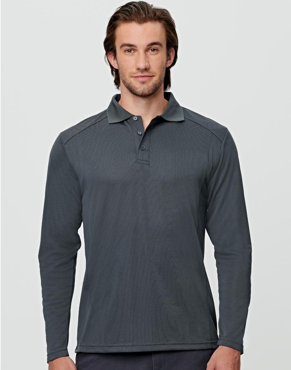 A long-sleeve polo shirt in dark grey, featuring a collar and a logo on the chest. Men's Bamboo Charcoal L/S Polo - Image 1