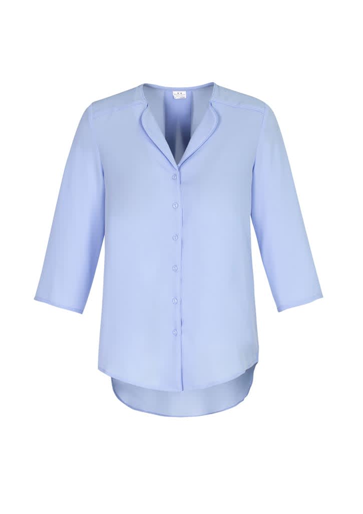 A light blue women's longline button-up blouse with three-quarter sleeves and a rounded hemline. Womens Lily Longline Blouse - Image 1